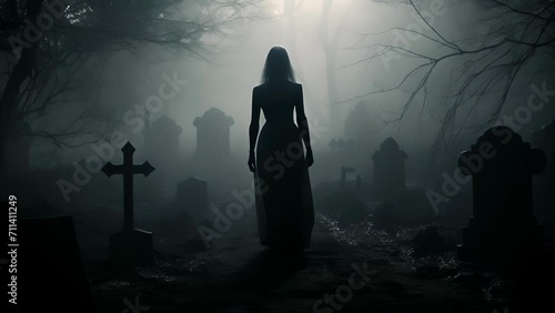 A black and white silhouette of a woman standing in a graveyard in the fog standing over a freshly dug up grave. photo