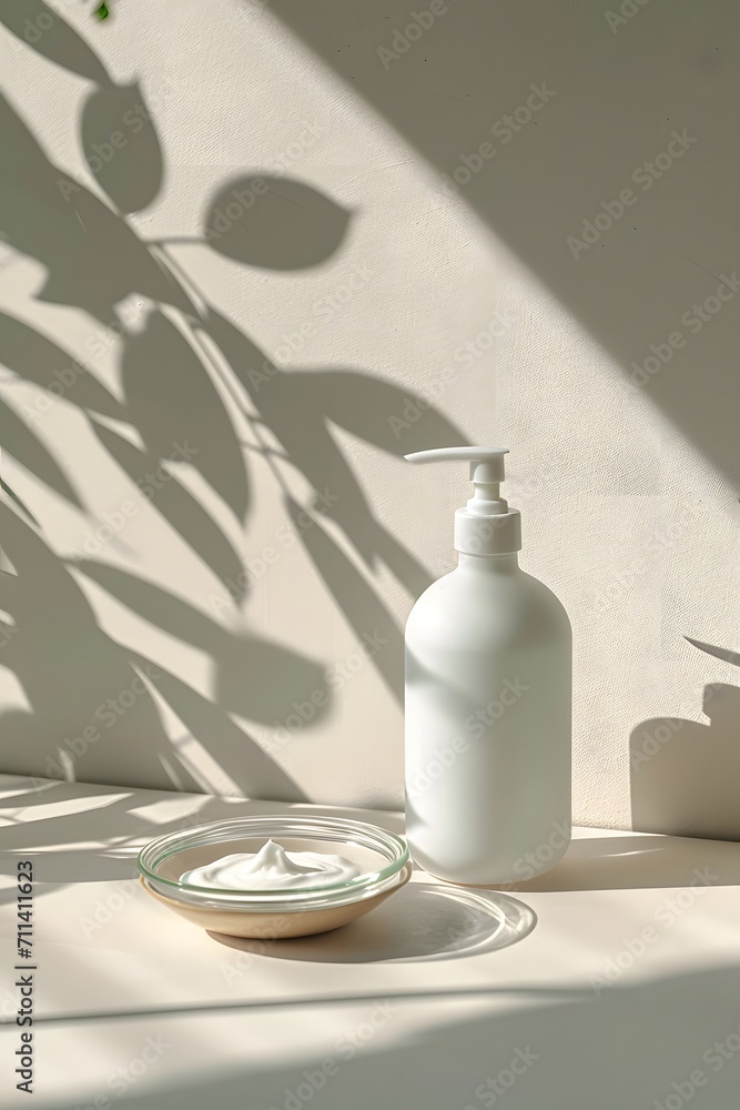 A White bottle, the bottle is lastic material,In front of the bottle there is a glass dish with white cream A White bottle, the bottle is lastic material,In front of the bottle there is a glass dish with white cream