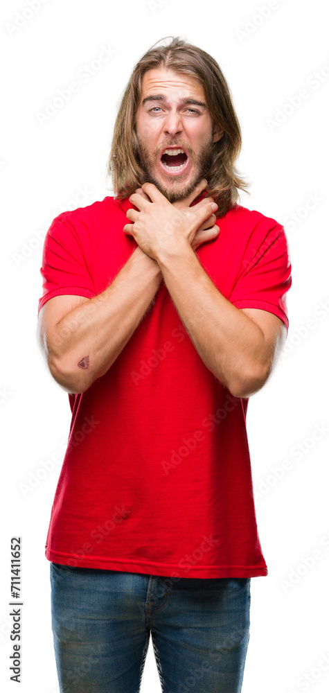 Young handsome man with long hair over isolated background shouting and suffocate because painful strangle. Health problem. Asphyxiate and suicide concept. Young handsome man with long hair over isolated background shouting and suffocate because painful strangle. Health problem. Asphyxiate and suicide concept.