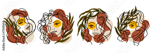Trend Set of portraits of women with palm leaves and abstract terracotta, beige and yellow spots. Hand-drawn minimalistic lines. Isolated vector illustration ideal for social networks.