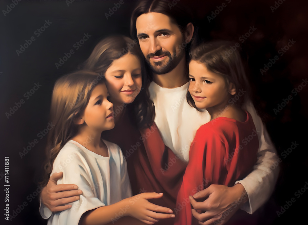 Oil painting of Jesus hugging children