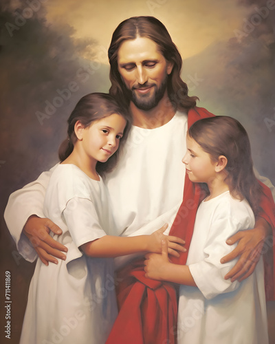 Oil painting of Jesus hugging children photo