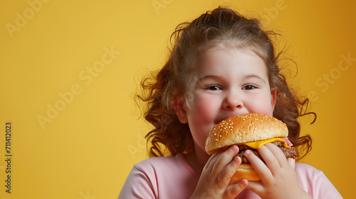 Overweight girl with yummy burger. 