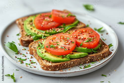 Whole grain toast with avocado and sliced tomatoes on white plate 