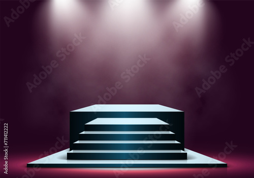 Podium with smoke illuminated by spotlights. Empty pedestal for award ceremony. Vector illustration.