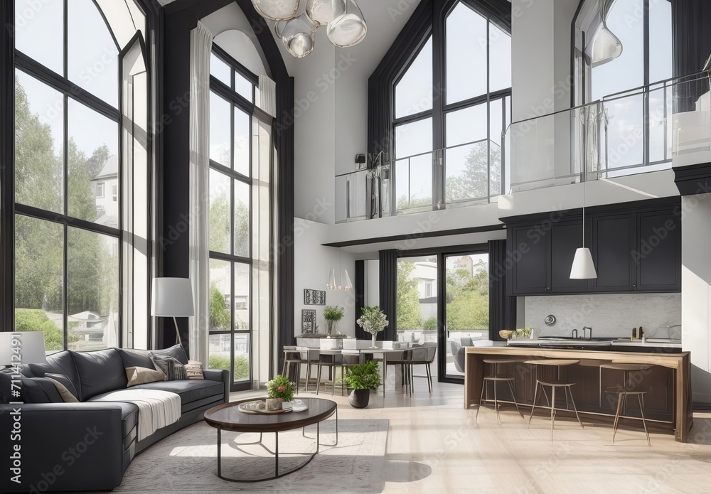 Obraz premium Modern Contemporary living and kitchen room interior .white and wood material 3d render 