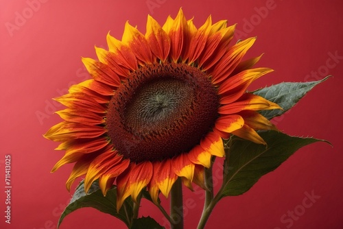sunflower on red background, copy space