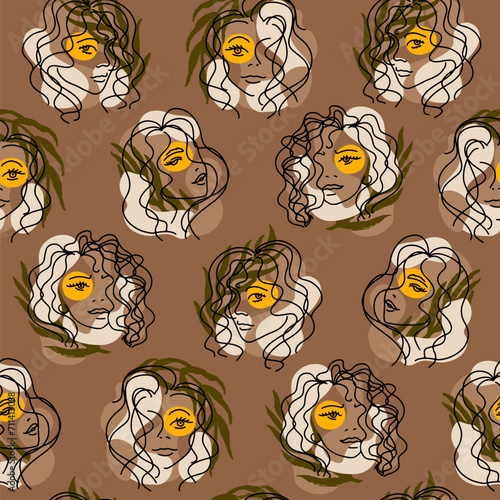 Trend seamless pattern with portraits of women with palm leaves and abstract spots in different skin tones. Hand drawn minimalistic lines. Isolated vector illustration ideal for textiles, fabrics.