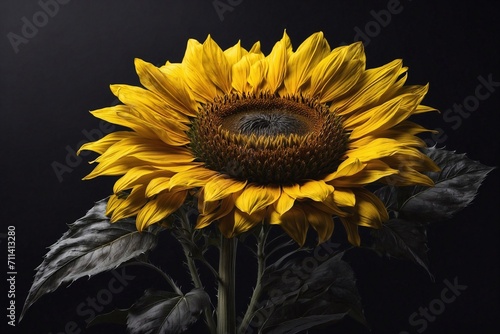 sunflower close-up on black background, copy space