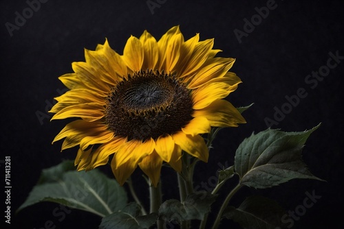 sunflower on black background, copy space