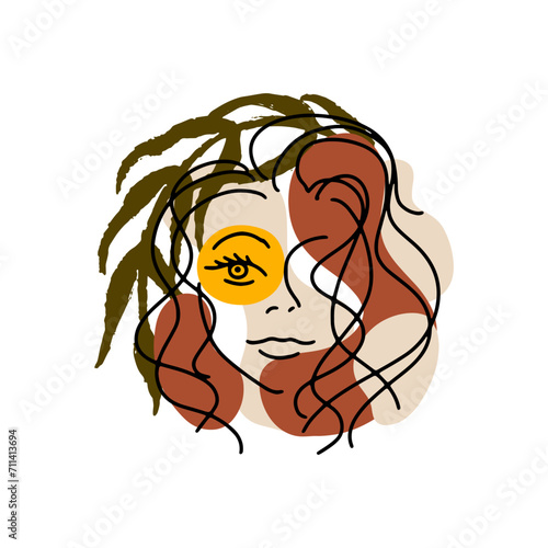 Trend portrait of a woman with palm leaves and abstract terracotta, beige and yellow spots. Hand drawn minimalistic lines. Isolated vector illustration on white background ideal for social networks.
