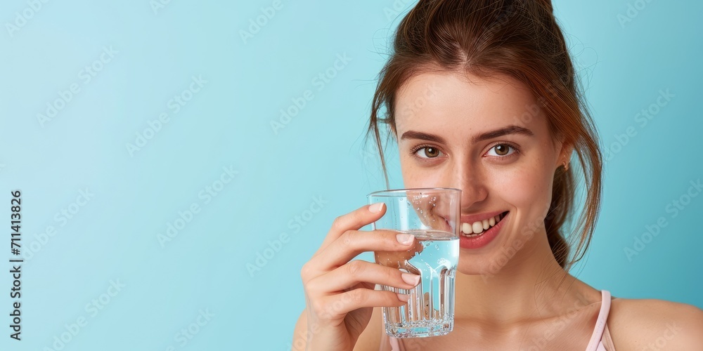 A joyful female athlete in sportswear is drinking a glass of fresh water A joyful female athlete in sportswear is drinking a glass of fresh water