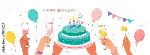 Birthday party celebration. Characters hands holding birthday cake with candles, balloons and champagne glasses. Holiday concept. Vector illustration.