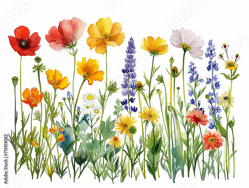 set in stile acquerello di fiori di campagna  arcobaleno, tipologie diverse, ghirlande colorate, fondo bianco scontornabile photo