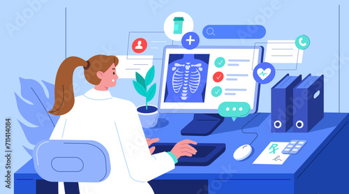 Doctor physician sitting in medical office, typing on laptop and analyzing patients information. Hospital staff at work. Healthcare and medicine concept. Vector illustration. photo