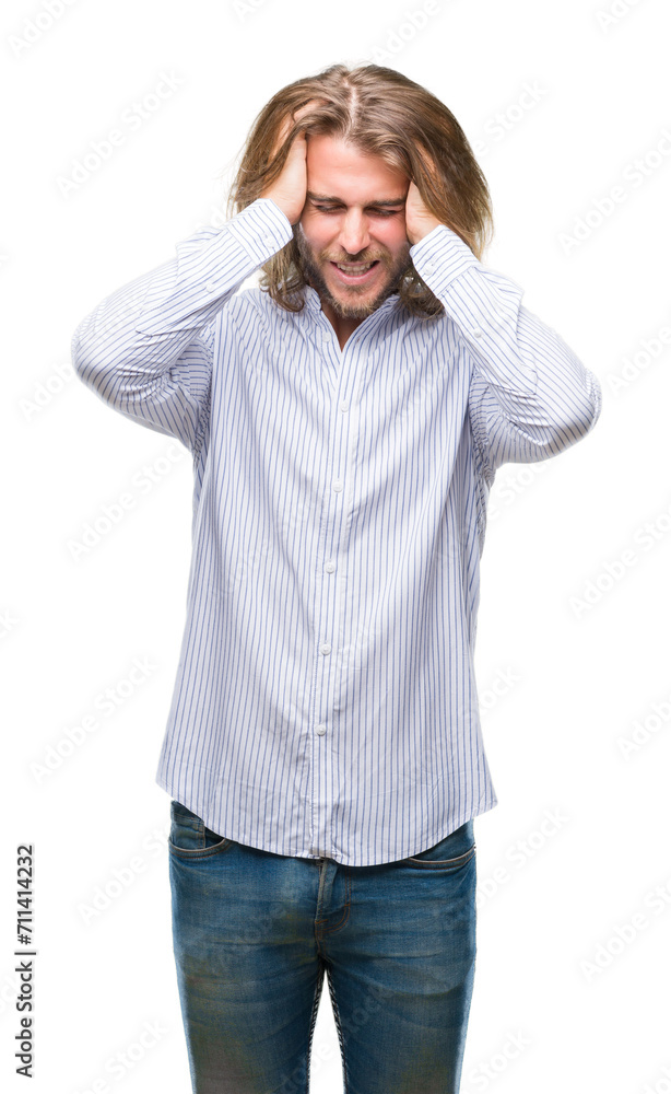 Young handsome man with long hair over isolated background suffering from headache desperate and stressed because pain and migraine. Hands on head. Young handsome man with long hair over isolated background suffering from headache desperate and stressed because pain and migraine. Hands on head.