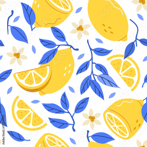 Lemons seamless pattern. Whole, half, sliced citrus fruit with branch and leaves for patterns, prints and product design. Hand drawn vector illustration.