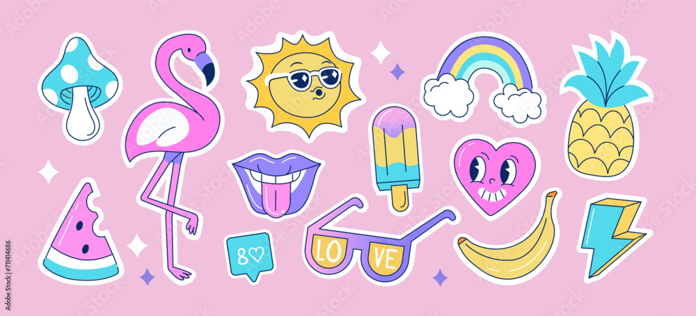 Groovy stickers or patches pack set. Funny retro, vintage, hippie characters. Love, heart, sun, flamingo and other trendy summer elements. Modern cartoon concept. Vector illustration. Groovy stickers or patches pack set. Funny retro, vintage, hippie characters. Love, heart, sun, flamingo and other trendy summer elements. Modern cartoon concept. Vector illustration.