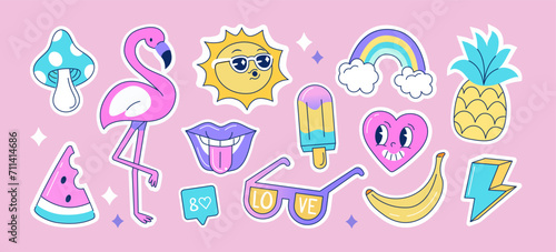 Groovy stickers or patches pack set. Funny retro, vintage, hippie characters. Love, heart, sun, flamingo and other trendy summer elements. Modern cartoon concept. Vector illustration.