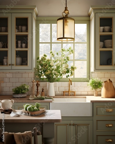 Kitchen dining room country style, rustic style in the interior, French classic, green kitchen, wooden countertop, ceramic tile floor
