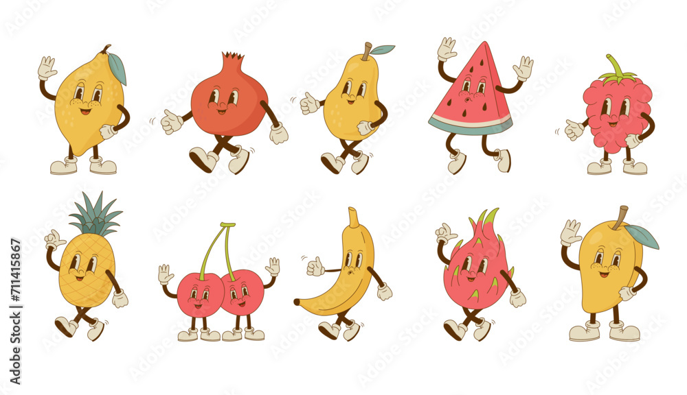 Fototapeta premium Set of cute retro cartoon fruit and berry mascots. Vintage watermelon, cherry, pineapple, mango, pear, pomegranate, dragon fruit, banana, raspberrie characters. Vector illustration.