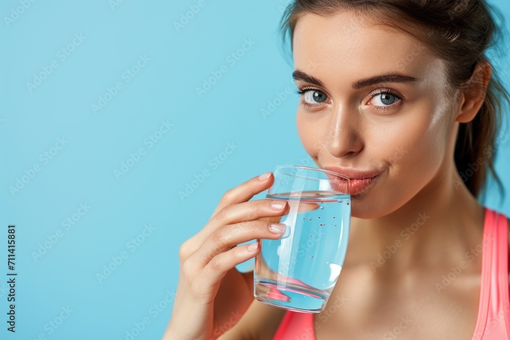 A joyful female athlete in sportswear is drinking a glass of fresh water A joyful female athlete in sportswear is drinking a glass of fresh water