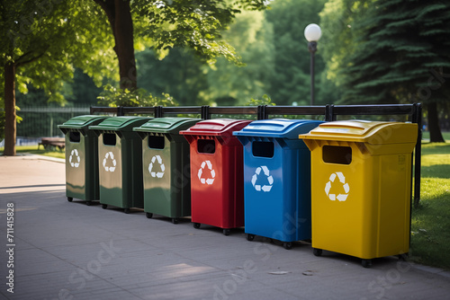 A shot of a row of recycling bins in a well - maintained city park. Generative AI