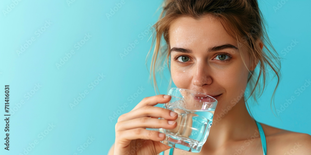 A joyful female athlete in sportswear is drinking a glass of fresh water A joyful female athlete in sportswear is drinking a glass of fresh water