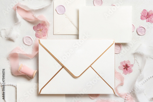 Envelope and card near pink decorations, seals and silk ribbons on white table top view, wedding mockup