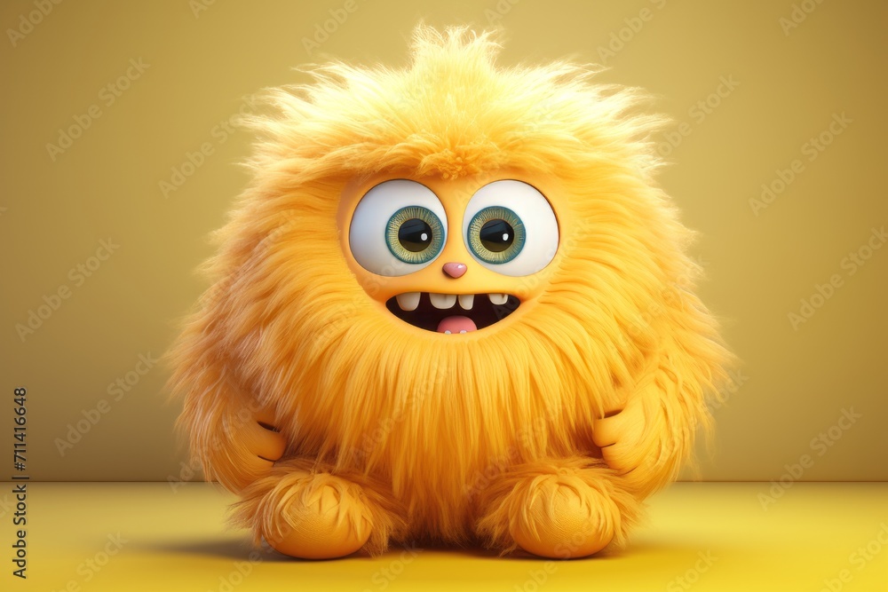 Cute yellow furry monster 3D cartoon character