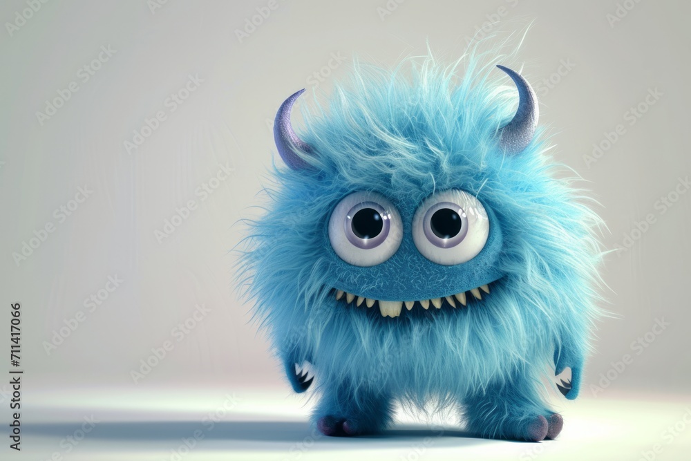 Obraz premium Cute blue furry monster 3D cartoon character