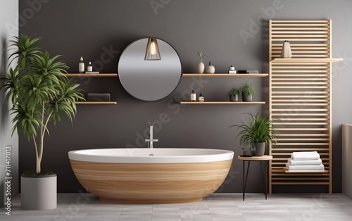 realistic photo Modern bathroom interior with wooden shelves  sink above  round mirror and bathtub generative ai