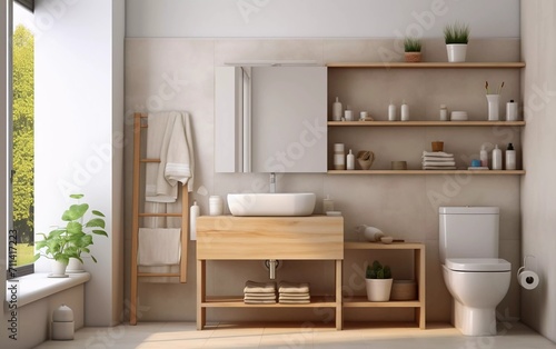 realistic photo Modern bathroom interior with wooden shelves, sink above, round mirror and bathtub generative ai