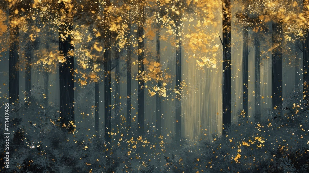 Lush forest in the style of abstract visualisation of wood and gold, minimalist style, artistic