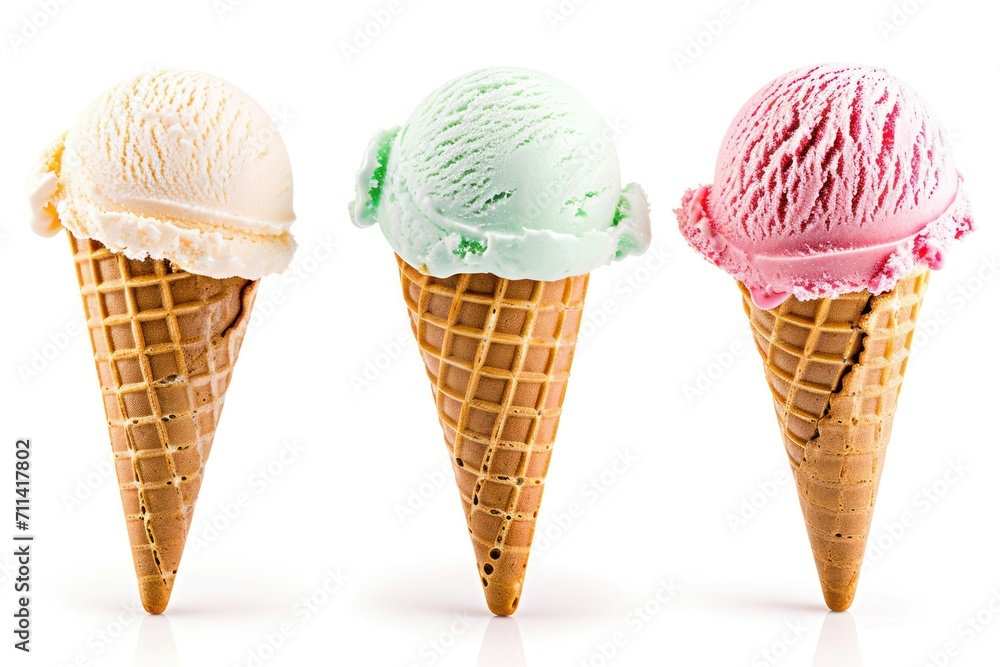 3 Ice cream flavors with cone on white background clipped 3 Ice cream flavors with cone on white background clipped