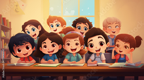 Crianças estudando juntas na escola - Ilustração infantil photo