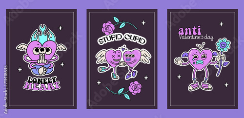 Trendy y2k anti valentines day a4 posters set with heart cupids mascots. 2000s anti valentines day greeting cards concept. Retro Cartoon characters in groovy style. Hand drawn vector illustration.