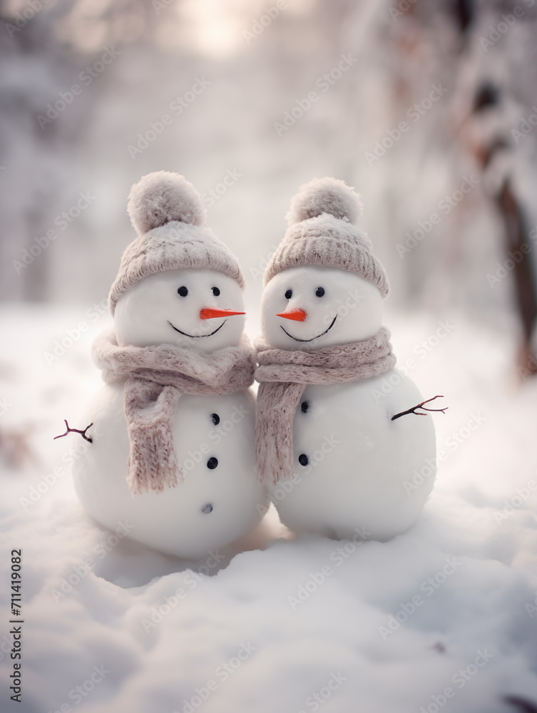 Snowman companion in winter snow,created with Generative AI tecnology. Snowman companion in winter snow,created with Generative AI tecnology.