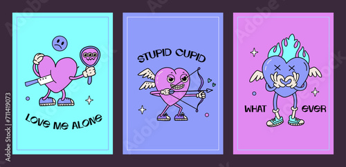 Minimalistic groovy y2k anti valentines day posters set with comic slogans. Trendy emo 2000s style. Happy Anti Valentines day greeting cards. Sad Creepy weird teen concept. Retro vector illustration. photo