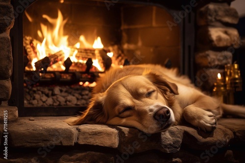 The dog golden retriever lies near the fireplace. Cozy warm home. Close up.