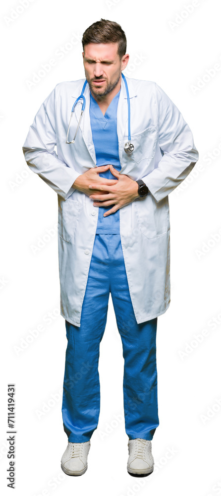 Handsome doctor man wearing medical uniform over isolated background with hand on stomach because nausea, painful disease feeling unwell. Ache concept.