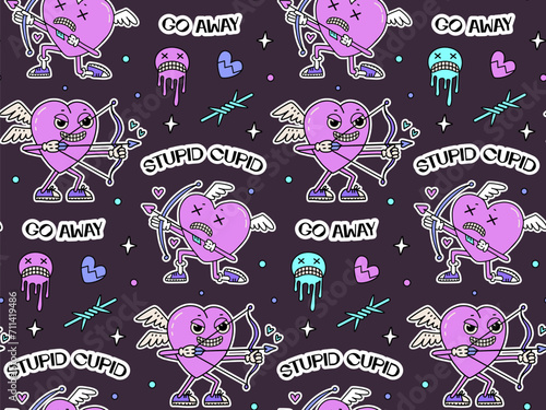 Y2k anti valentine seamless pattern. elements in trendy 2000s style. Heart shaped naughty cupid characters with bow, arrow in 90s, 00s aesthetic. Stupid cupid go away. Hand drawn vector illustration.