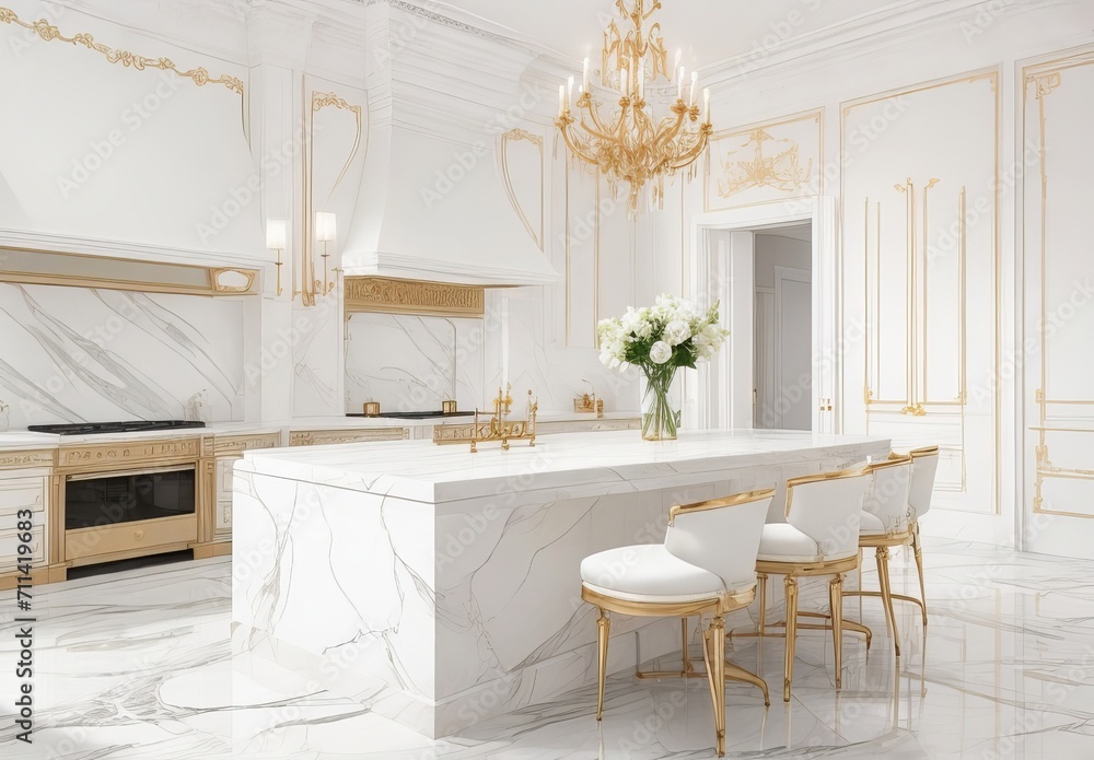 Luxurious white kitchen and living room in a luxury house
Luxurious white kitchen and living room in a luxury house