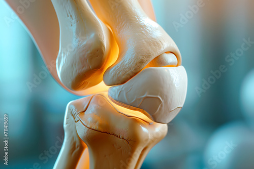 Realistic Knee Model On Blue Background, Knee Bones And Joints Structure photo