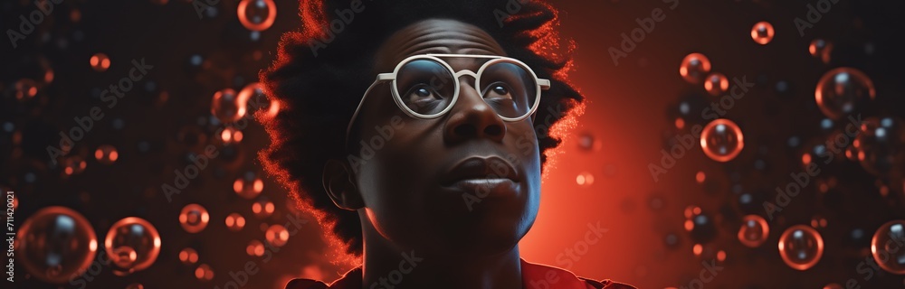 Afro american man with sunglasses and a jacket stands in front of a red lit wall, modern style with conrast light and glow