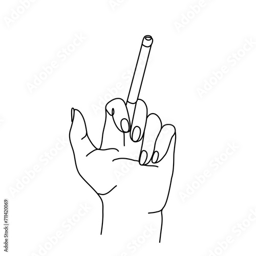 Hand holding cigarette, continuous line drawing, single line on a white background, isolated vector illustration. 