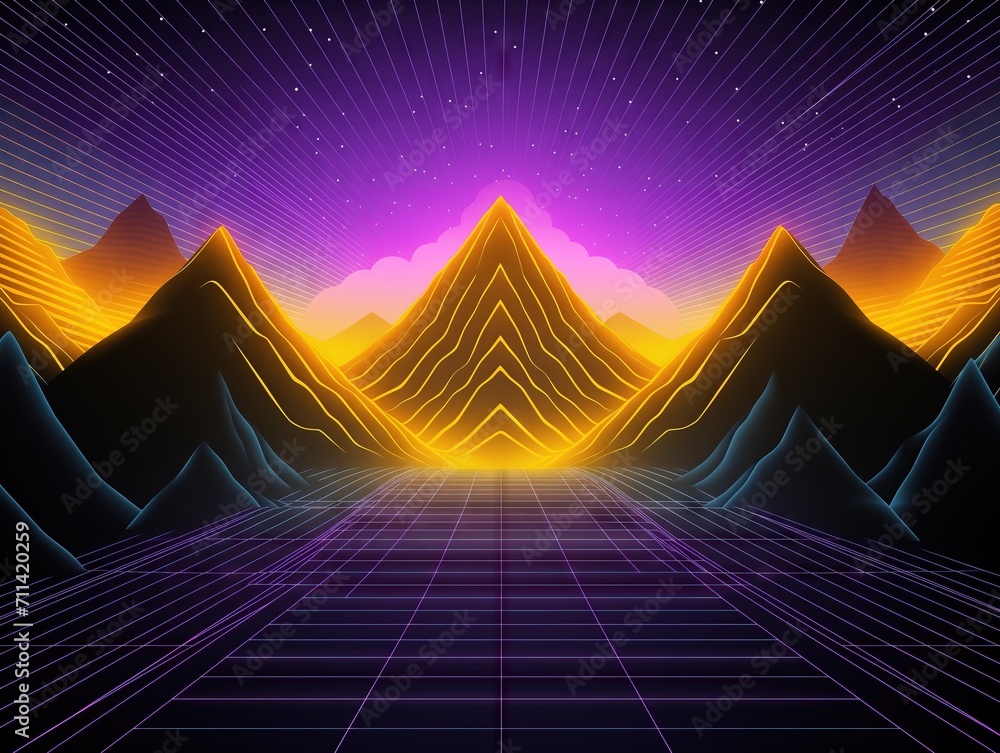 futuristic landscape with a purple full moon, a lake, and mountains in the background. The scene is lit with a grid of purple neon lights.