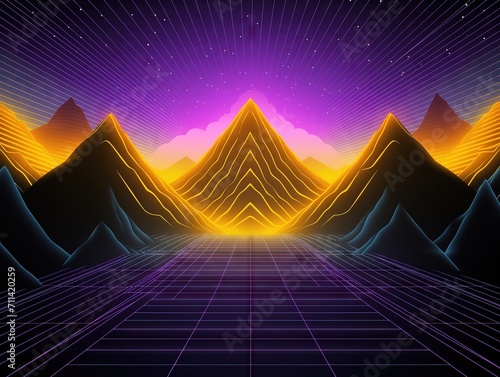 futuristic landscape with a purple full moon, a lake, and mountains in the background. The scene is lit with a grid of purple neon lights.