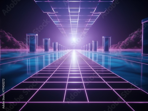 futuristic landscape with a purple full moon, a lake, and mountains in the background. The scene is lit with a grid of purple neon lights. photo