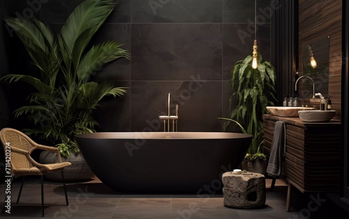 realistic photo Stylish bathroom interior with modern ceramic tub and ornamental plants, in dark colors. generative ai